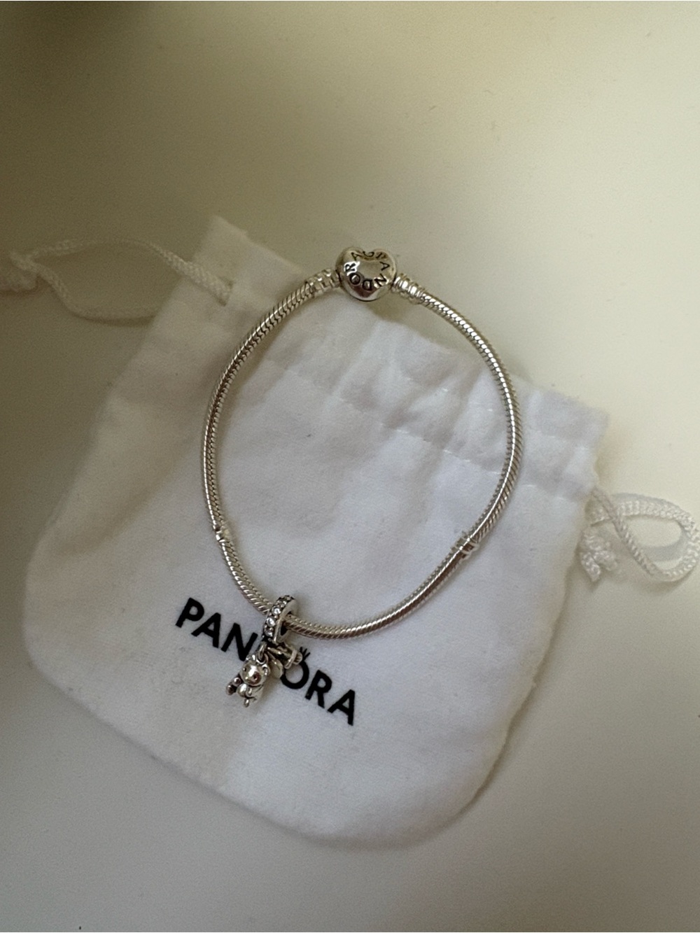 Pandora Silver Snake Chain Bracelet with Teddy Bear Charm
